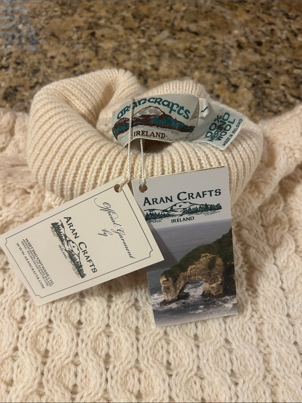 Aran Crafts Cream Cable Knit Pullover  Roll Neck Marino Irish wool sweater